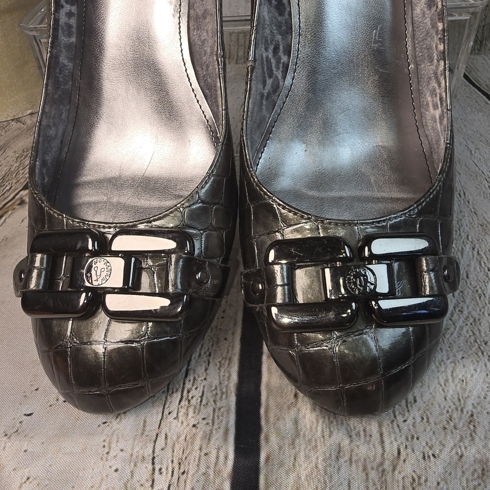 ANNE KLEIN FIELDING PEWTER CROCODILE EMBOSSED BLOCK HEEL PUMP WOMENS 7 - Picture 7 of 9